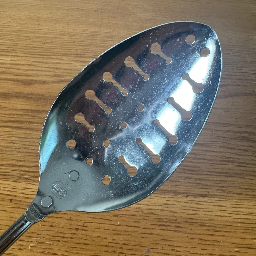 Vintage EKCO USA Chrome Slotted Serving Spoon Tan Speckled Glitter‎ Handle